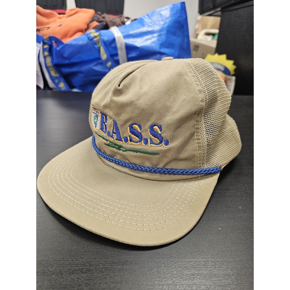 Vintage B.A.S.S. Hat Cap Snap Back‎ Beige Mesh Trucker Fishing Rope Mens 80s 90s